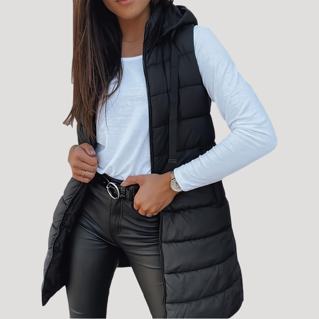 Jutta Long Puffer Vest with Hood and Snap Front - Black