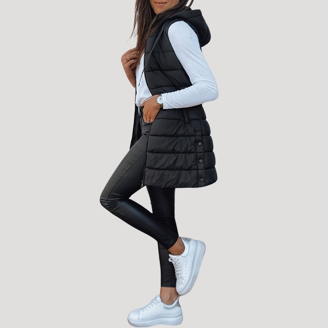 Jutta Long Puffer Vest with Hood and Snap Front - Black