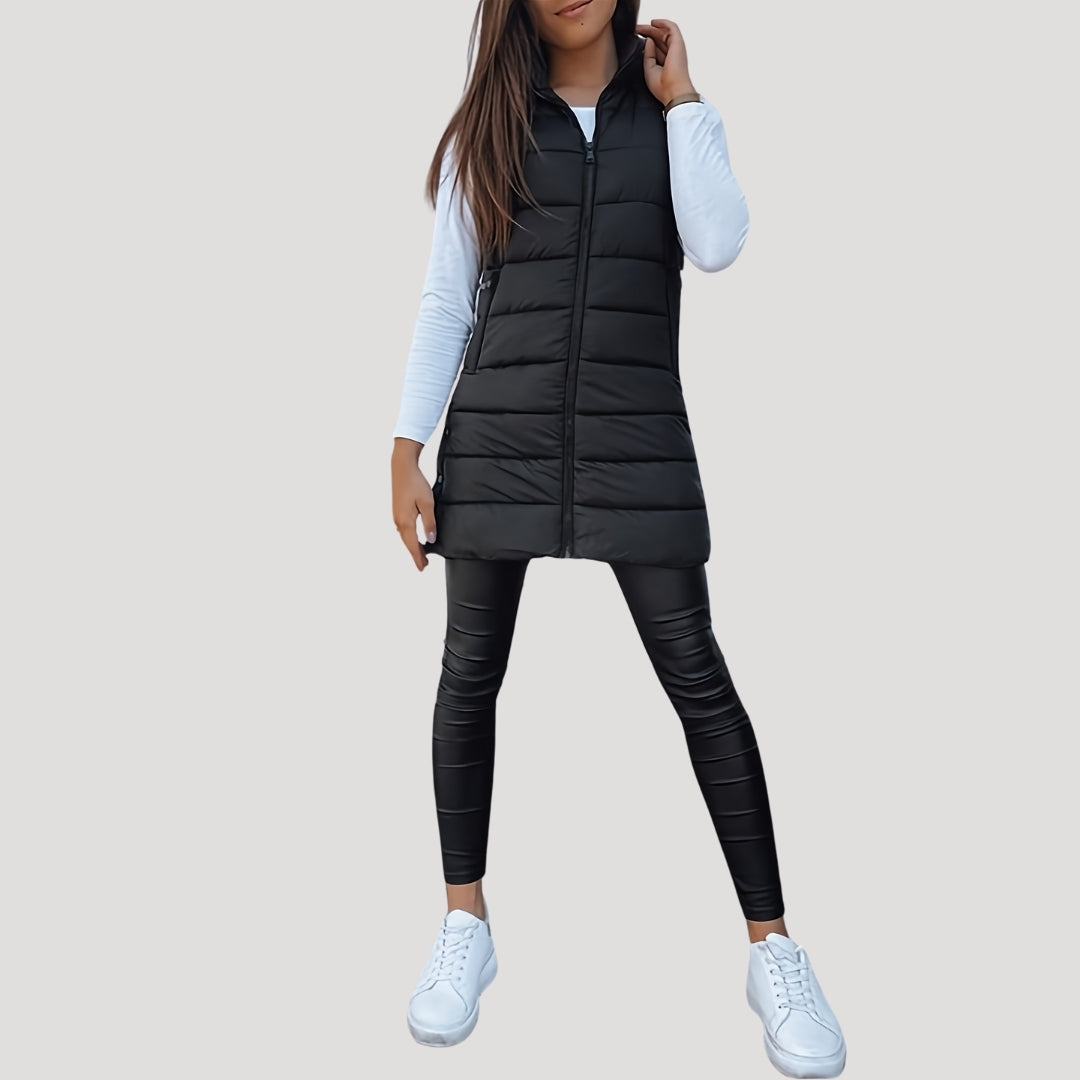 Jutta Long Puffer Vest with Hood and Snap Front - Black