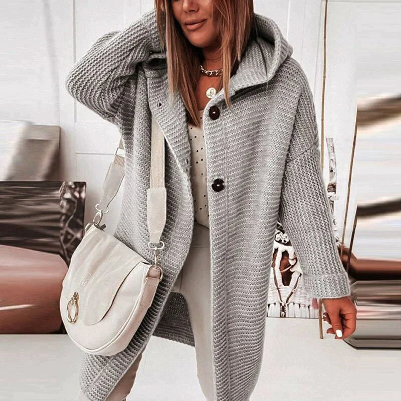 Karin Long Hooded Cardigan with Button Front and Pockets - Gray