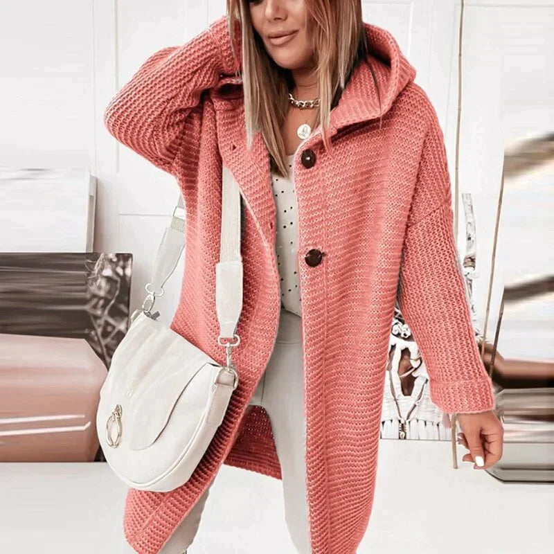 Karin Long Hooded Cardigan with Button Front and Pockets - Red