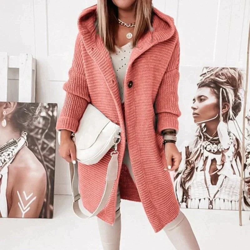 Karin Long Hooded Cardigan with Button Front and Pockets - Red