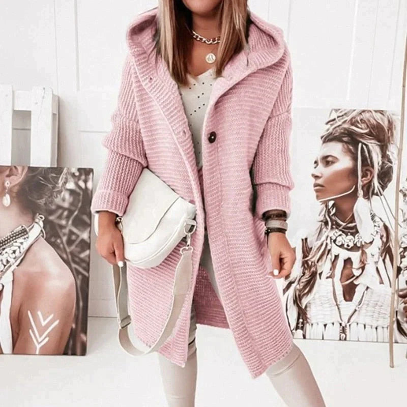 Karin Long Hooded Cardigan with Button Front and Pockets - Pink