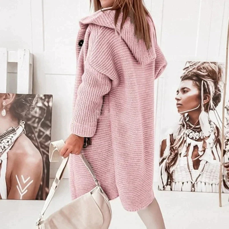 Karin Long Hooded Cardigan with Button Front and Pockets - Pink
