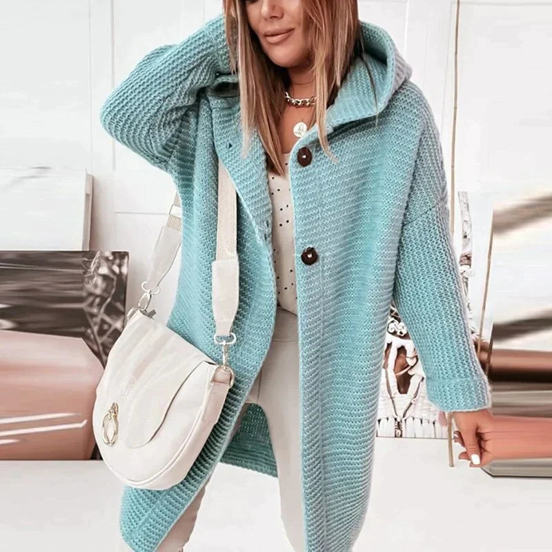 Karin Long Hooded Cardigan with Button Front and Pockets - Light Blue