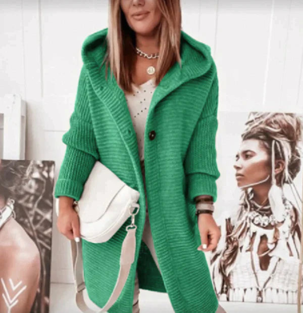 Karin Long Hooded Cardigan with Button Front and Pockets - Green