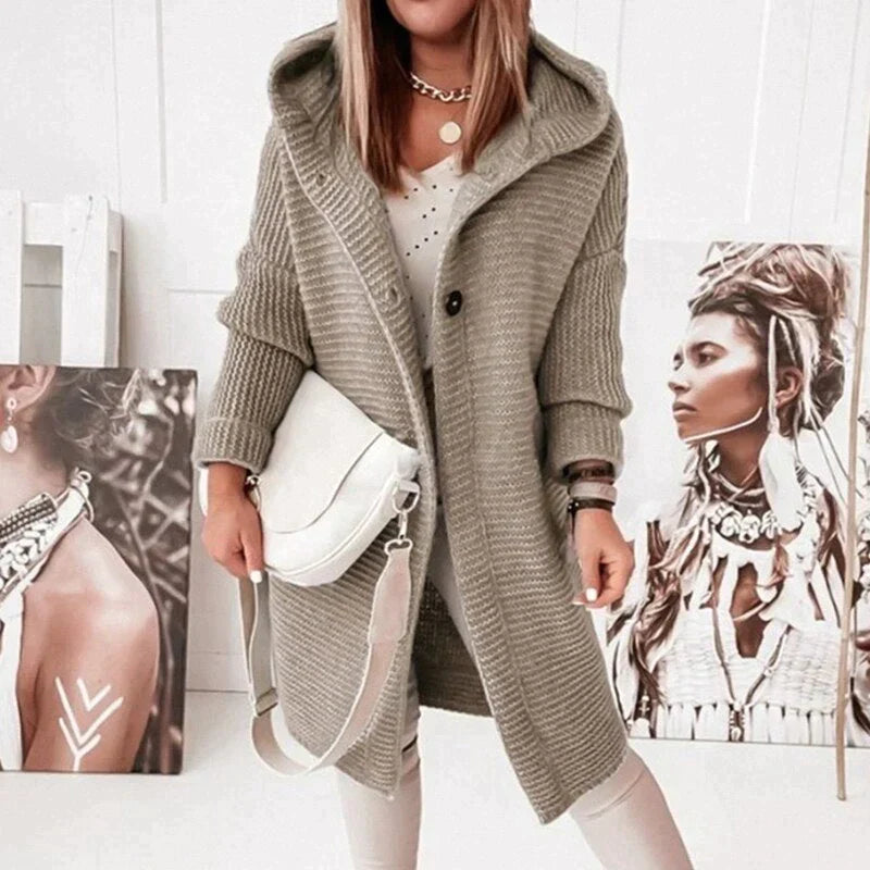 Karin Long Hooded Cardigan with Button Front and Pockets - Light Brown