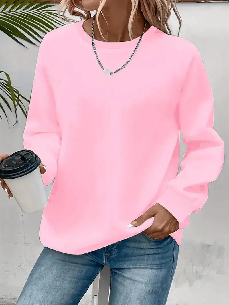 Karis Crew Neck Sweatshirt with Ribbed Trim and Straight Body - Pink