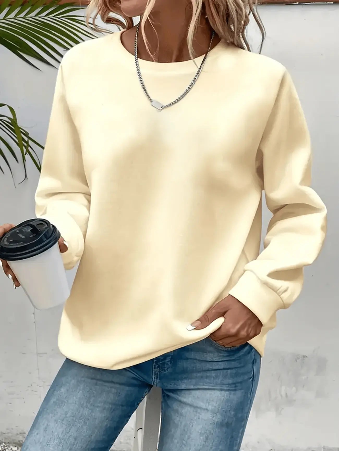 Karis Crew Neck Sweatshirt with Ribbed Trim and Straight Body - Apricot