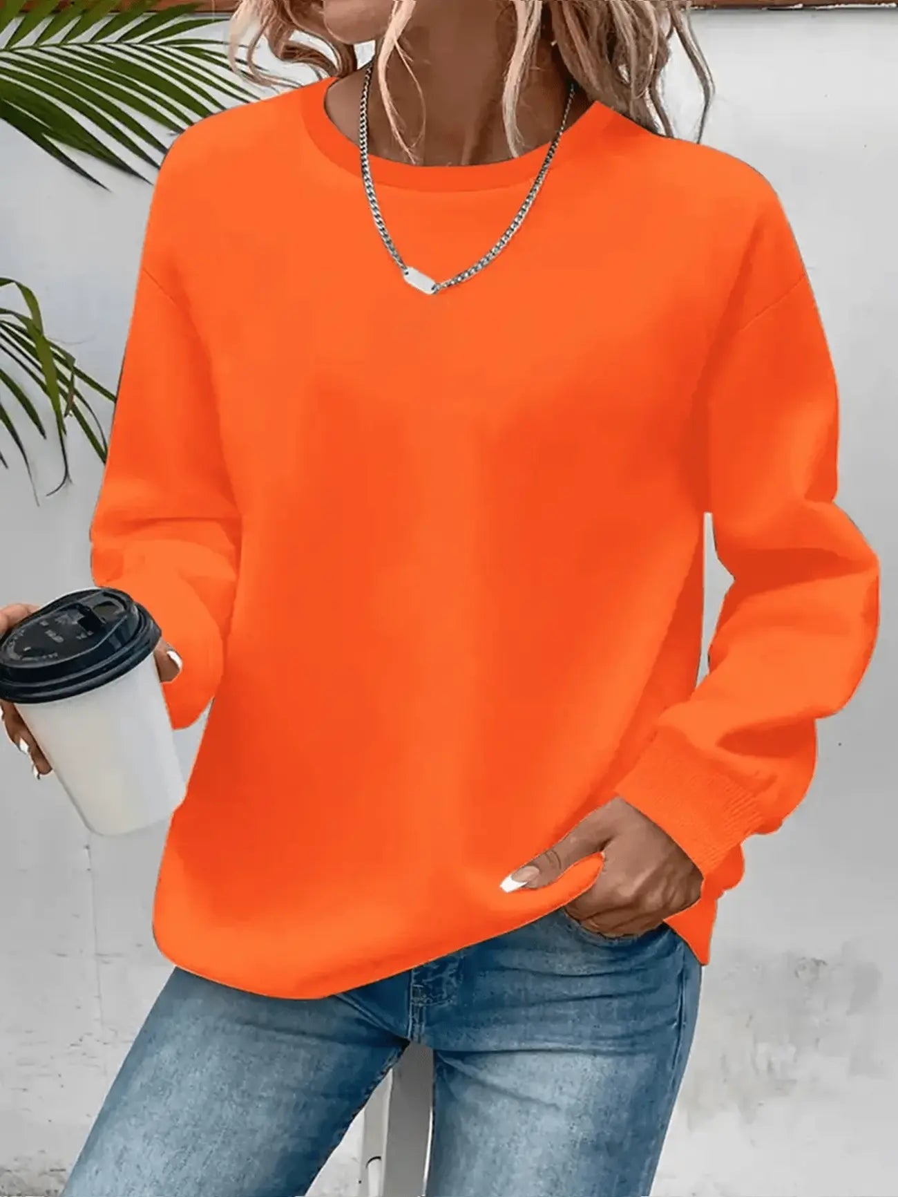 Karis Crew Neck Sweatshirt with Ribbed Trim and Straight Body - Orange