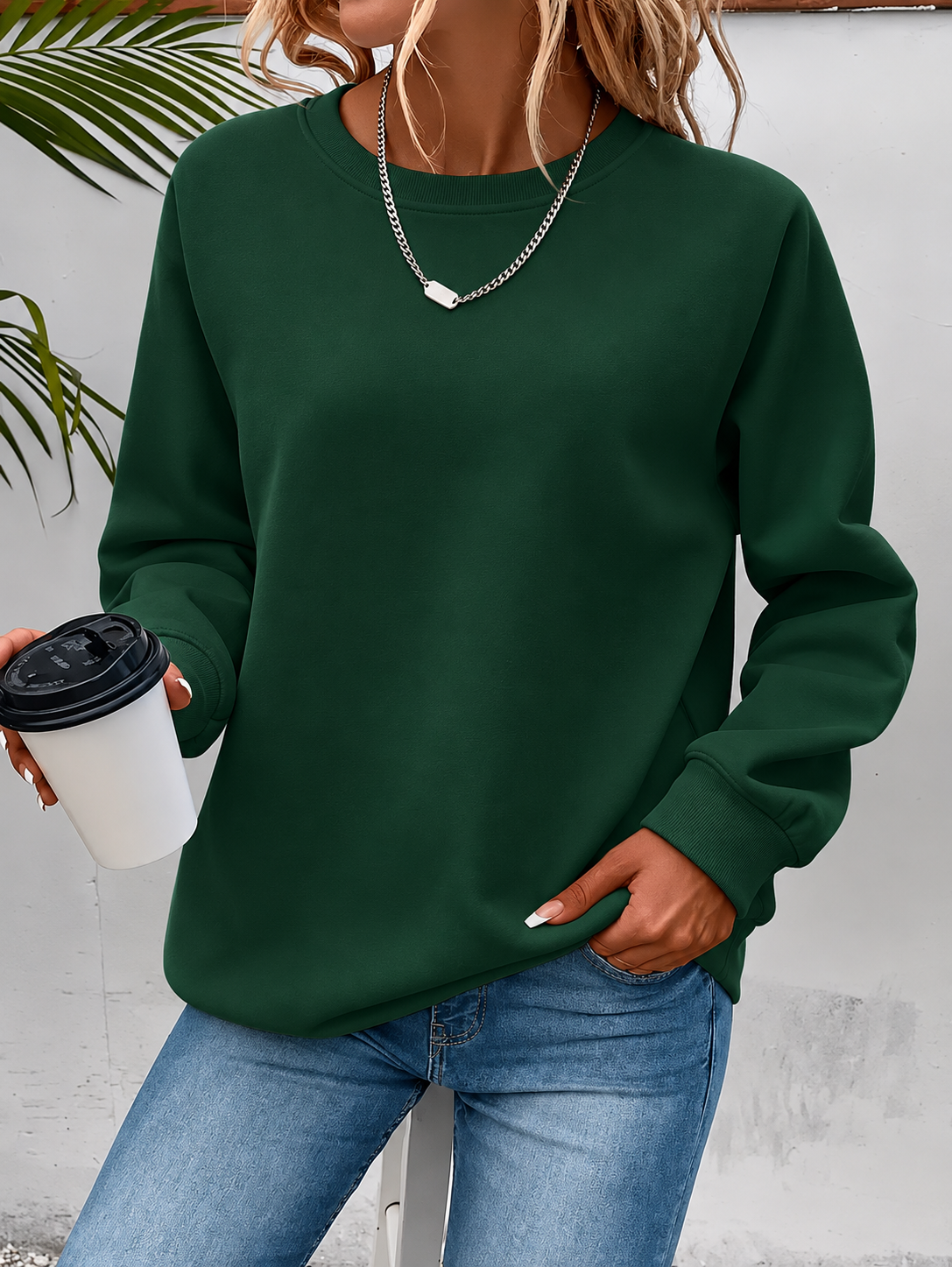 Karis Crew Neck Sweatshirt with Ribbed Trim and Straight Body - Green