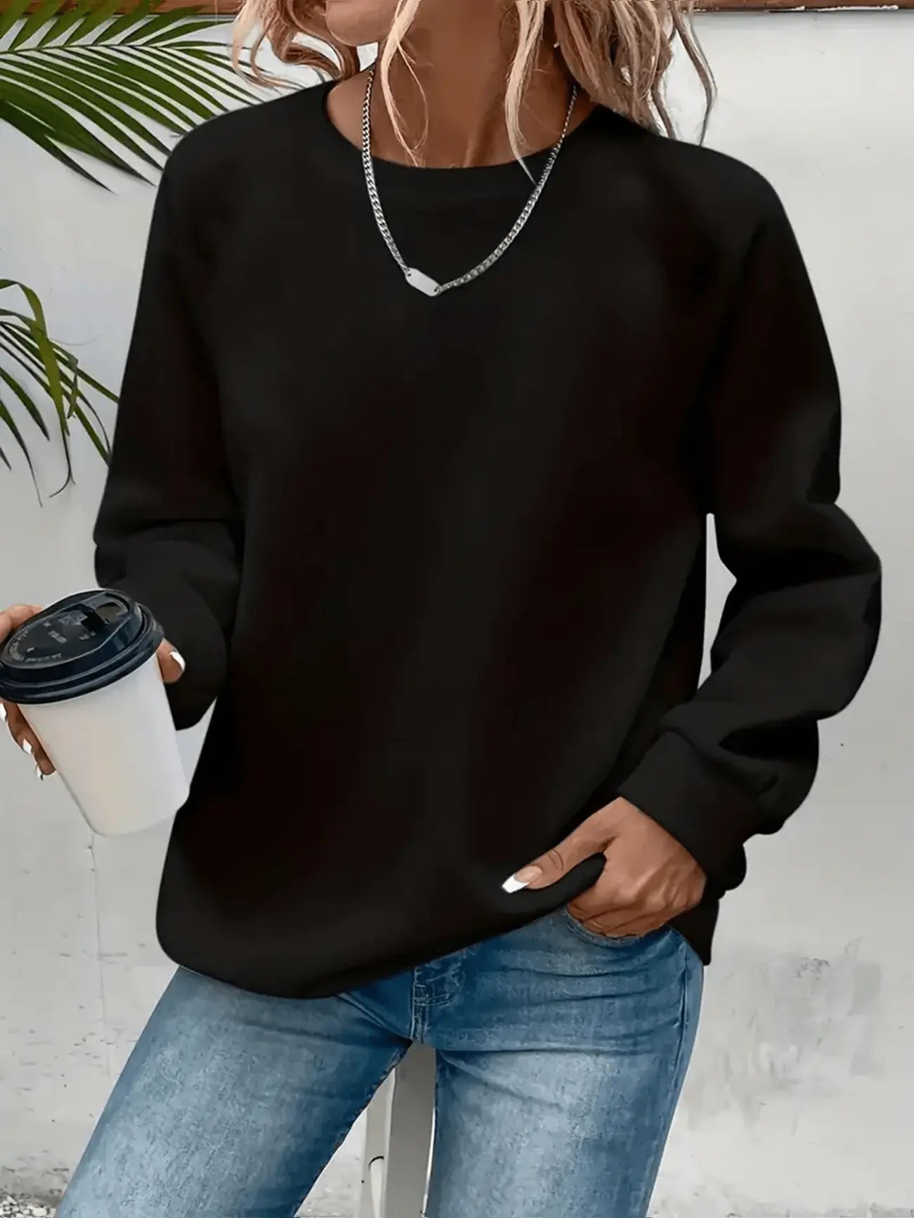 Karis Crew Neck Sweatshirt with Ribbed Trim and Straight Body - Black