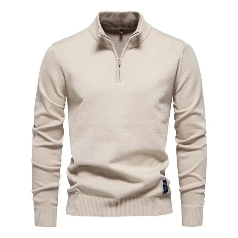 Keifer Men's Quarter Zip Sweater with Ribbed Collar and Hem - Beige