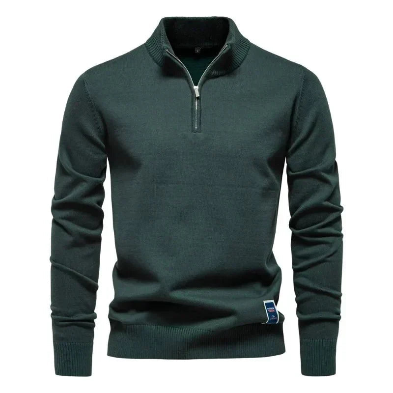 Keifer Men's Quarter Zip Sweater with Ribbed Collar and Hem - Green