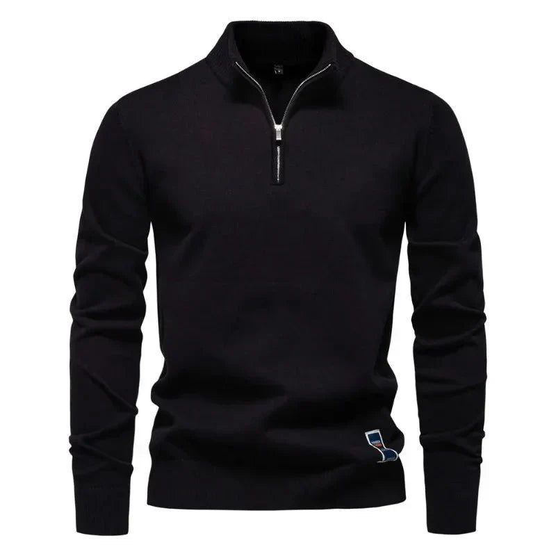 Keifer Men's Quarter Zip Sweater with Ribbed Collar and Hem - Black