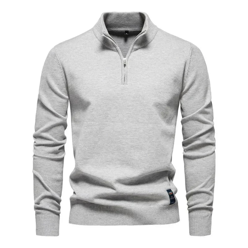 Keifer Men's Quarter Zip Sweater with Ribbed Collar and Hem - Light Gray