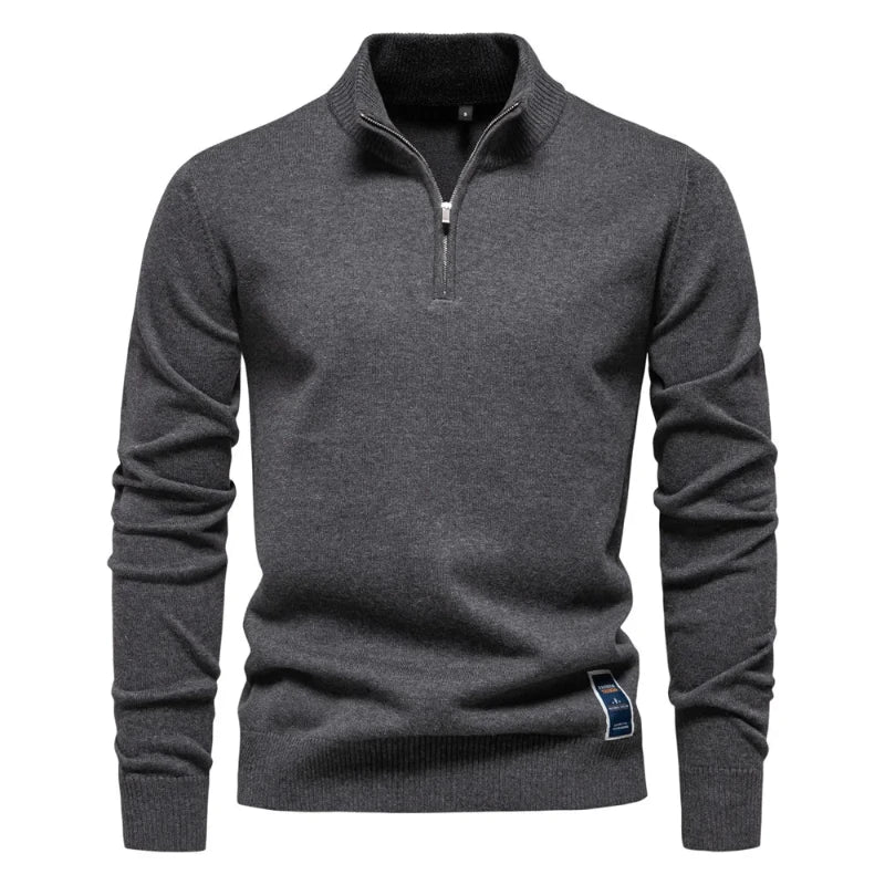 Keifer Men's Quarter Zip Sweater with Ribbed Collar and Hem - Dark Gray