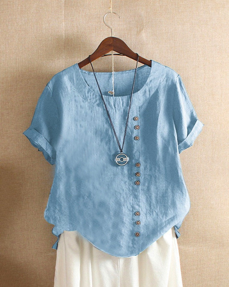Kellie Asymmetric Button Blouse with Loose Body - Light Blue