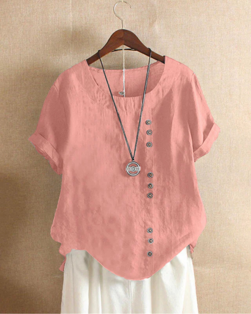 Kellie Asymmetric Button Blouse with Loose Body - Pink