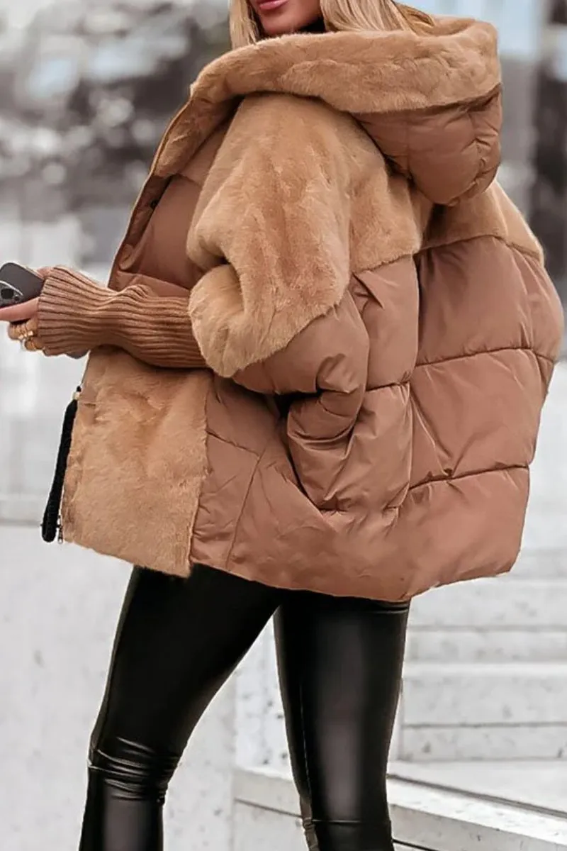 Kenza Winter Bomber Jacket with Ribbed Trim and Full Zip - Brown