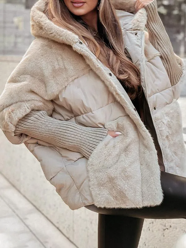 Kenza Winter Bomber Jacket with Ribbed Trim and Full Zip - Beige