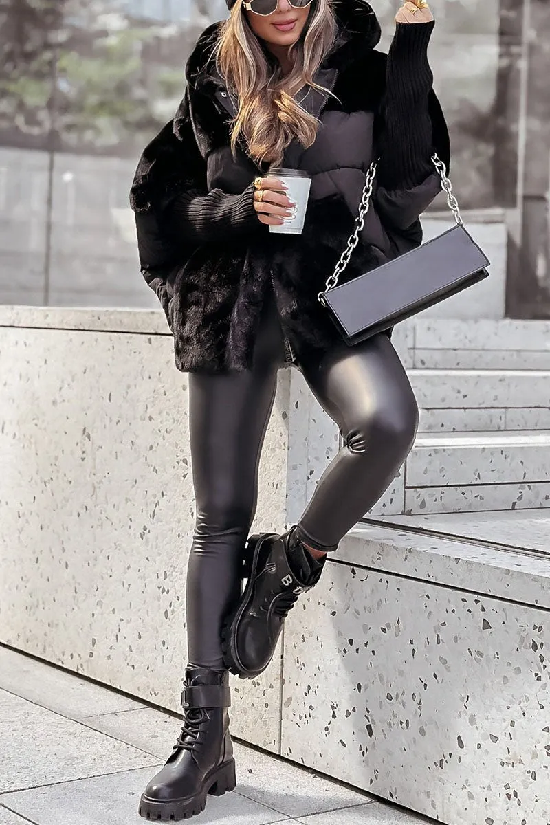 Kenza Winter Bomber Jacket with Ribbed Trim and Full Zip - Black