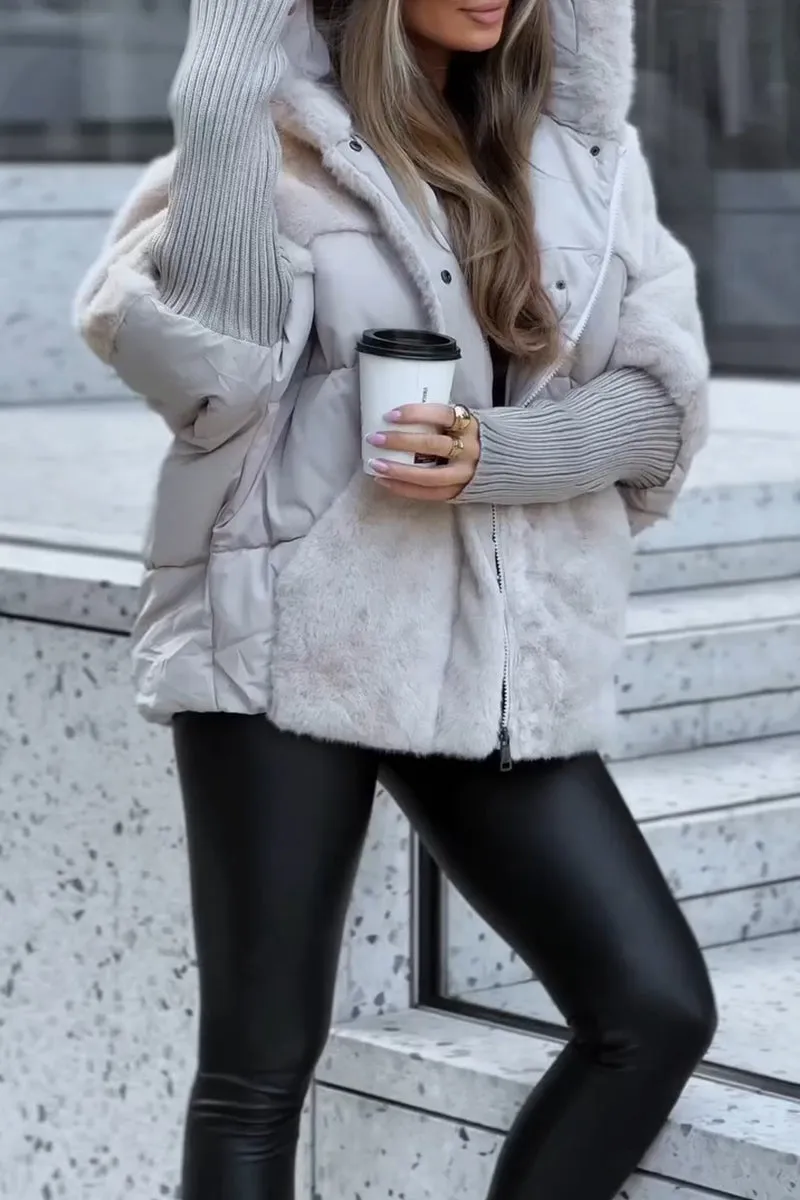 Kenza Winter Bomber Jacket with Ribbed Trim and Full Zip - Beige