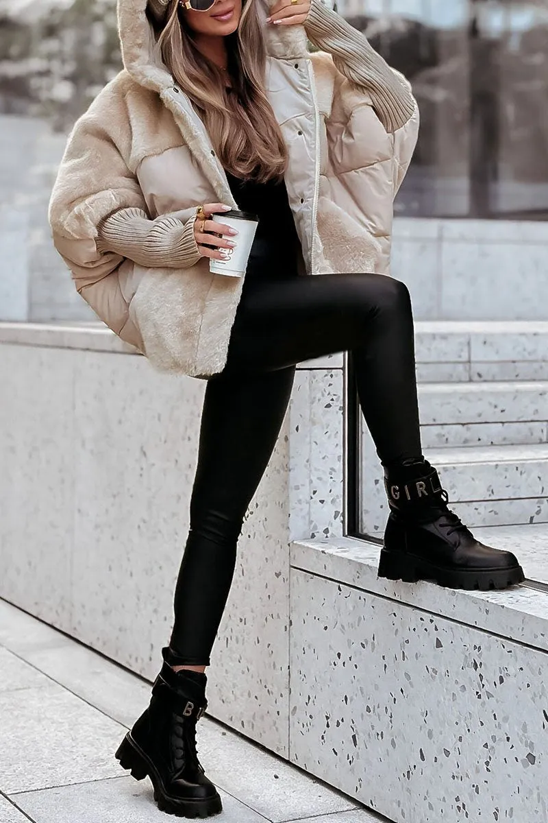 Kenza Winter Bomber Jacket with Ribbed Trim and Full Zip - Beige