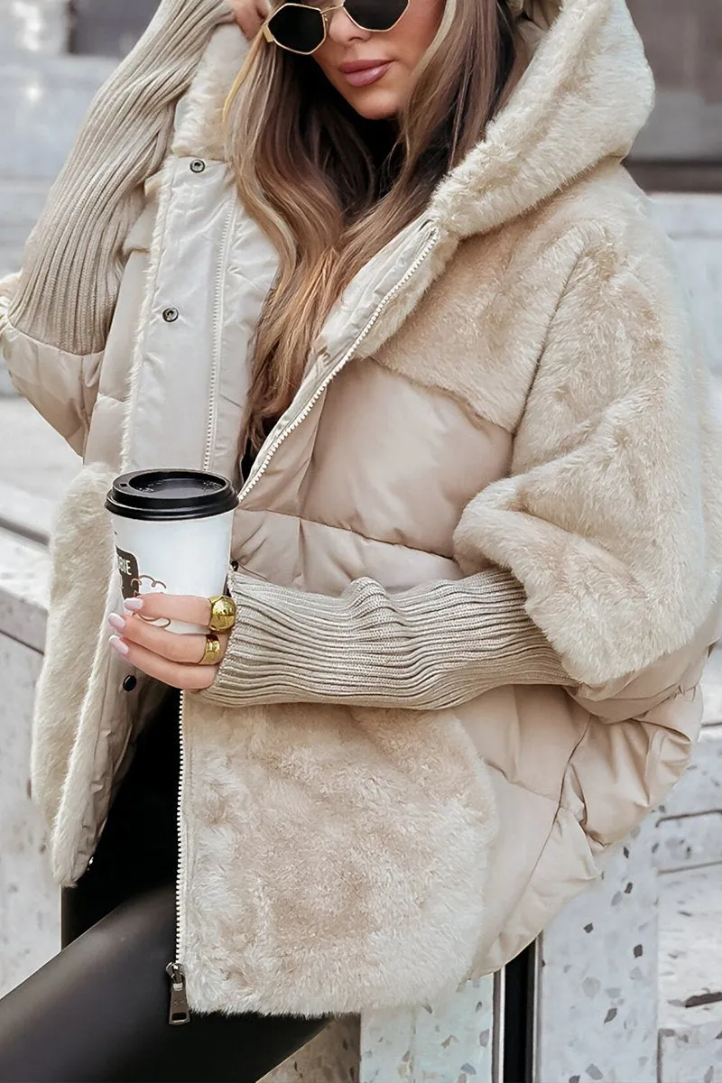 Kenza Winter Bomber Jacket with Ribbed Trim and Full Zip - Beige
