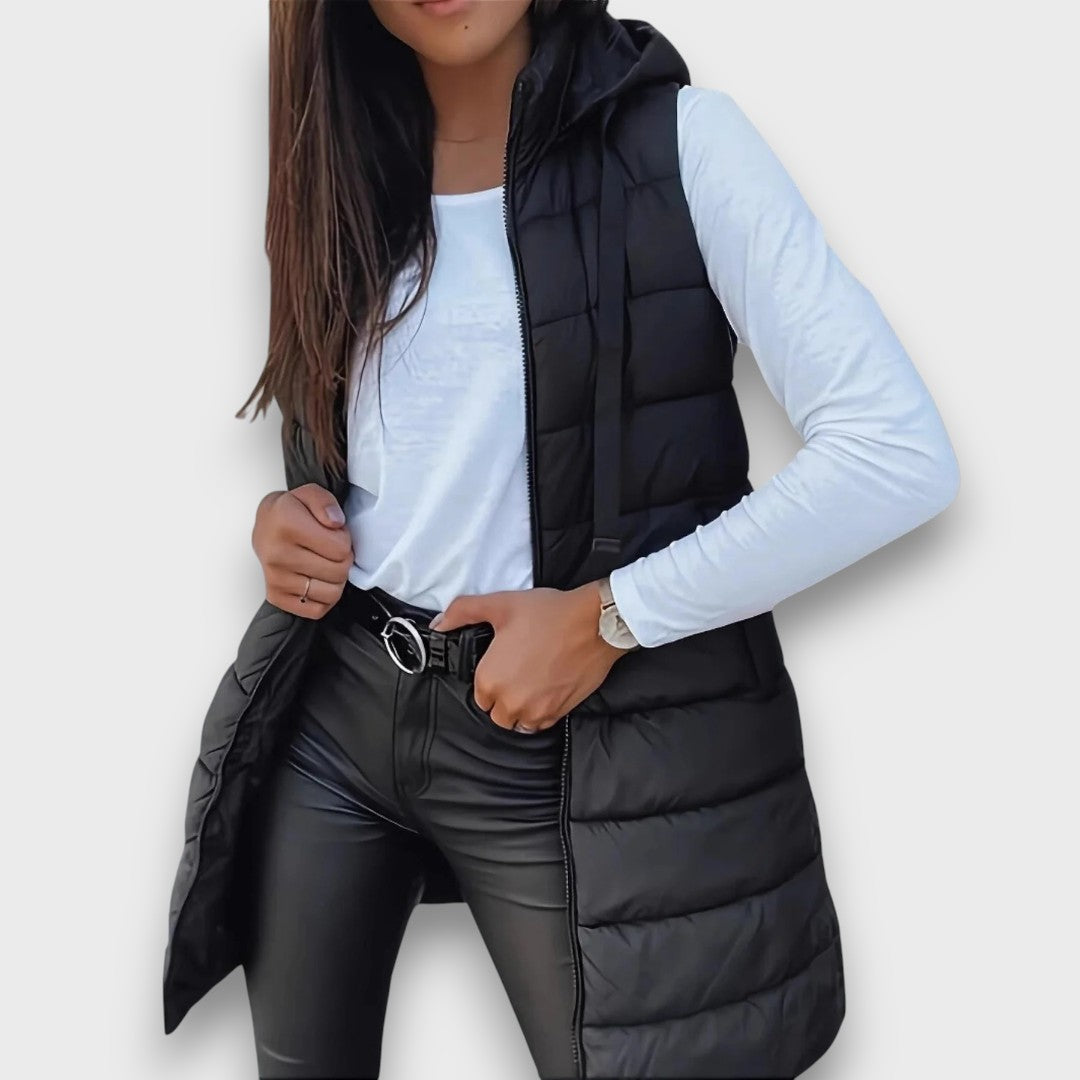 Kesa Hooded Puffer Vest with Zip Front and Side Pockets - Black