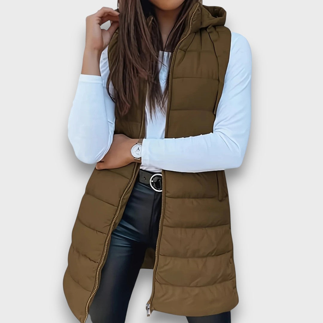 Kesa Hooded Puffer Vest with Zip Front and Side Pockets - Khaki