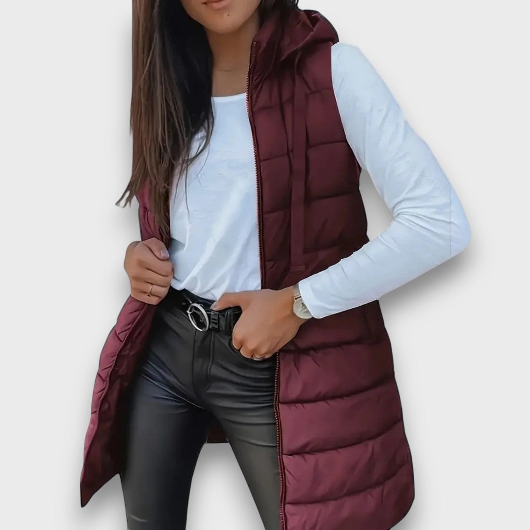 Kesa Hooded Puffer Vest with Zip Front and Side Pockets - Chestnut Brown