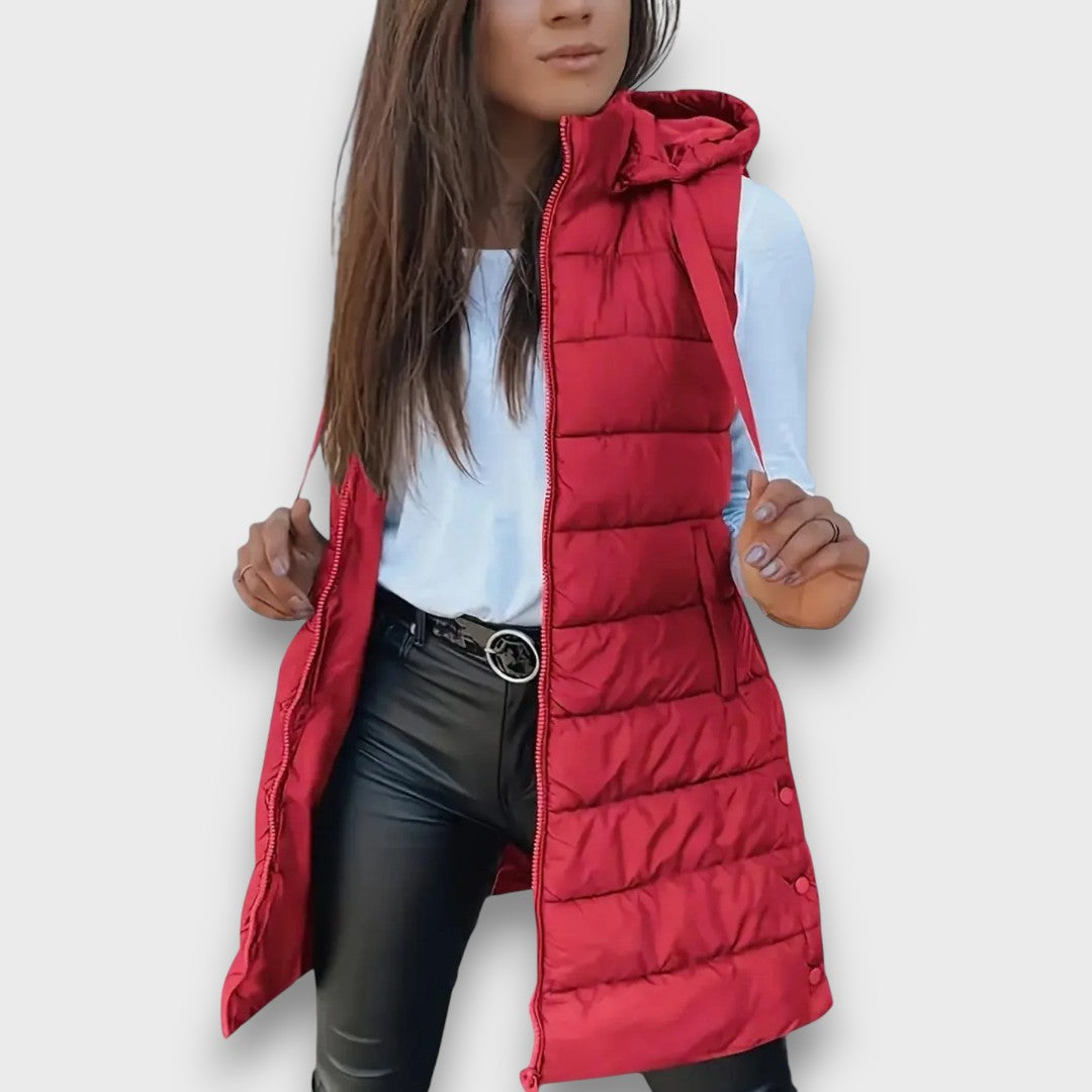 Kesa Hooded Puffer Vest with Zip Front and Side Pockets - Red