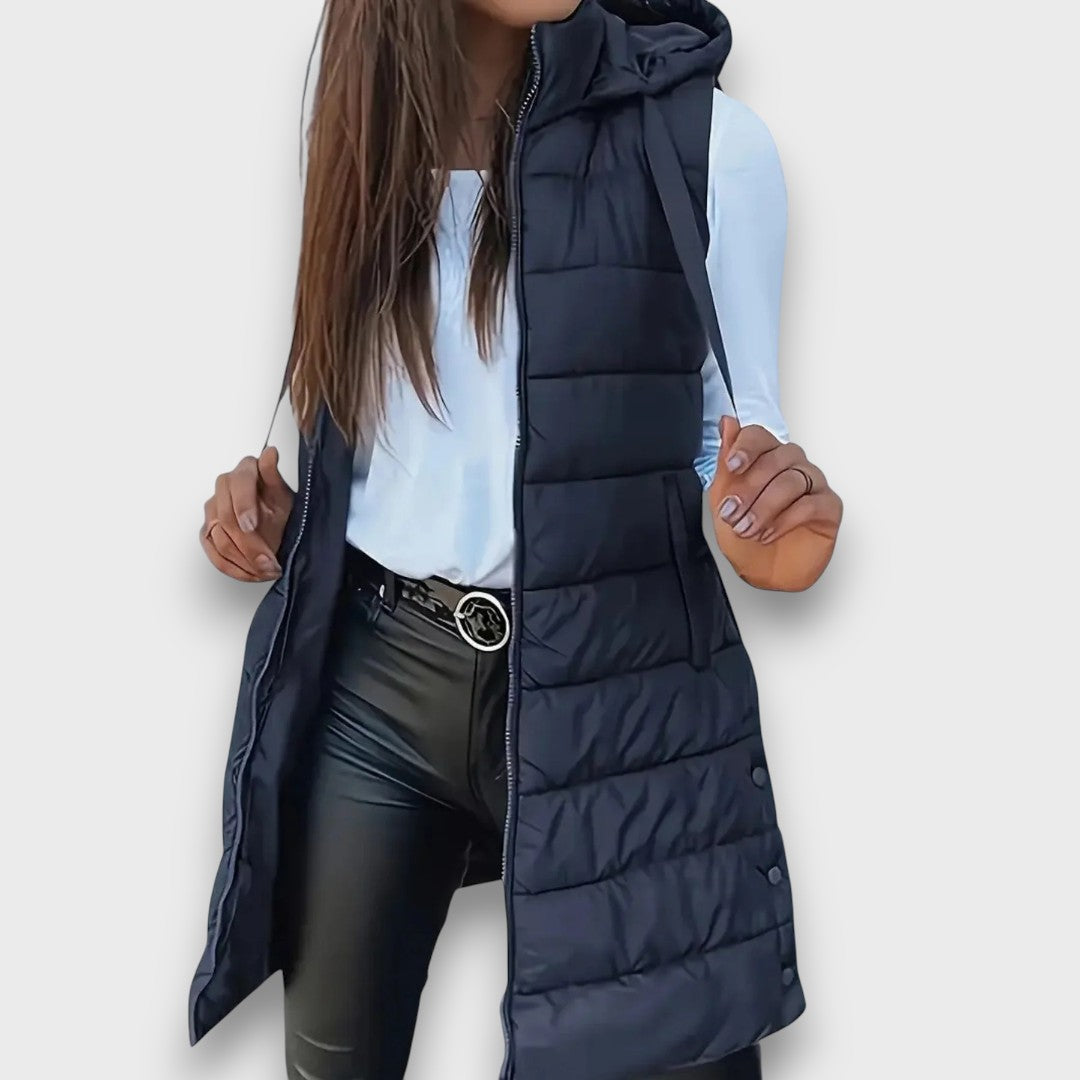 Kesa Hooded Puffer Vest with Zip Front and Side Pockets - Navy
