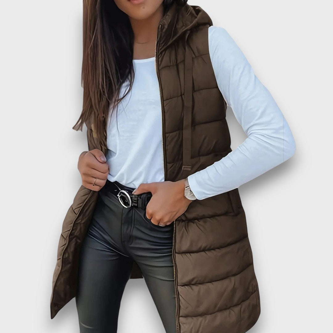 Kesa Hooded Puffer Vest with Zip Front and Side Pockets - Brown
