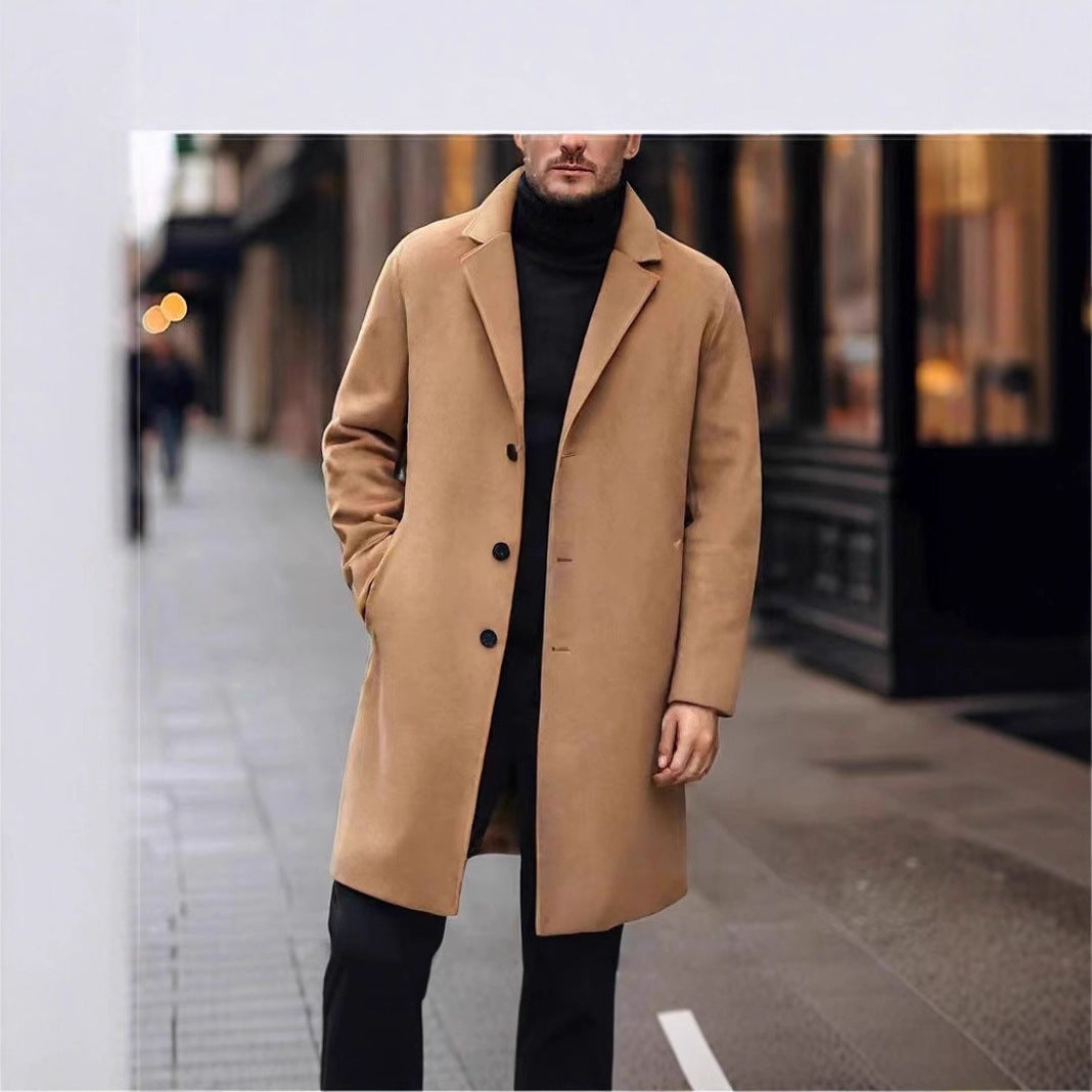 Kuno Men's Overcoat with Notch Lapels and Straight Cut - Khaki