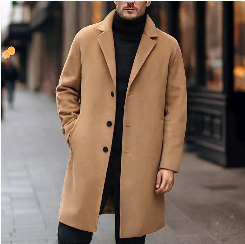 Kuno Men's Overcoat with Notch Lapels and Straight Cut - Khaki