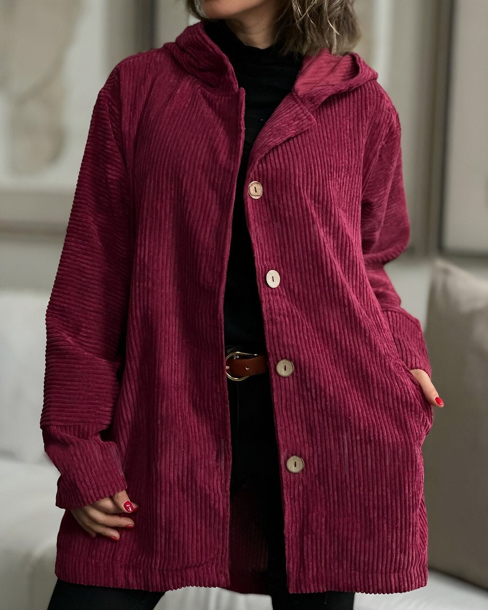 Kyla Long Hooded Coat with Button Front and Pockets - Red