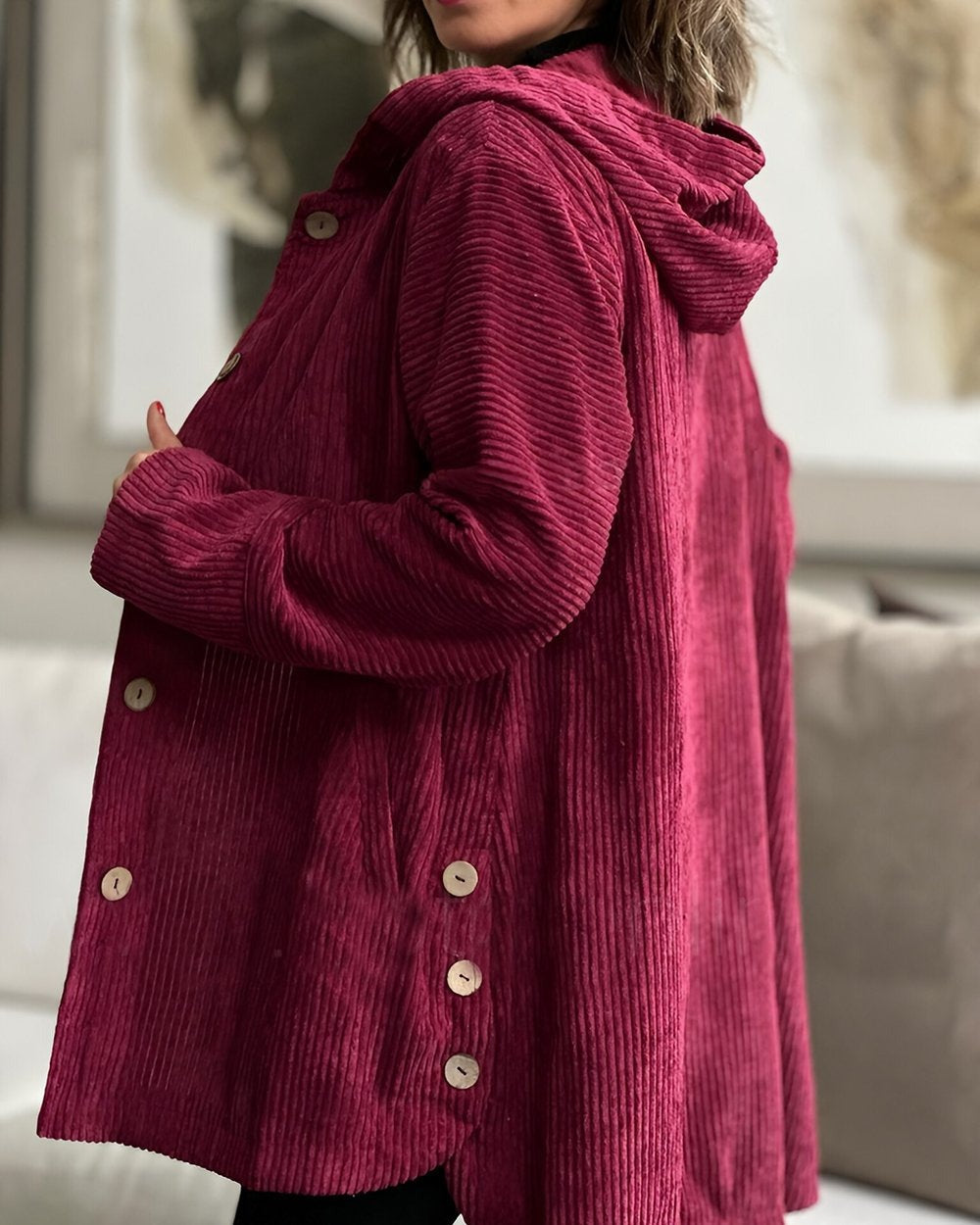 Kyla Long Hooded Coat with Button Front and Pockets - Red