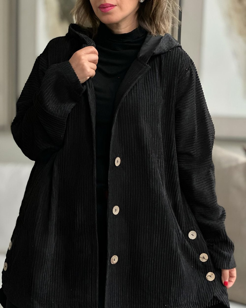 Kyla Long Hooded Coat with Button Front and Pockets - Black