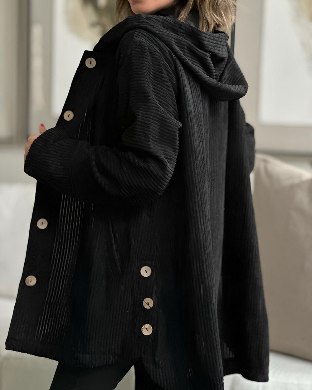 Kyla Long Hooded Coat with Button Front and Pockets - Black