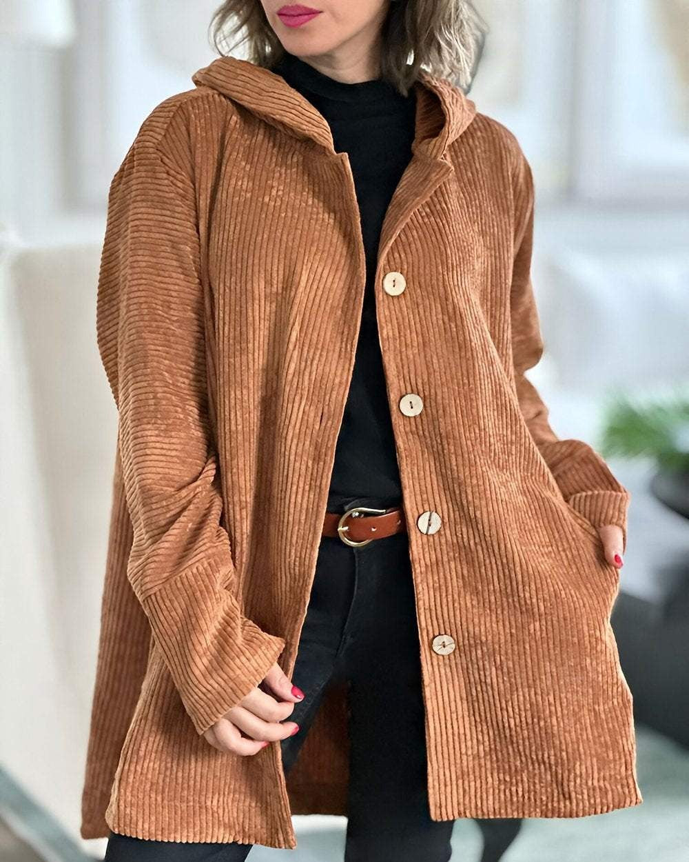 Kyla Long Hooded Coat with Button Front and Pockets - Khaki