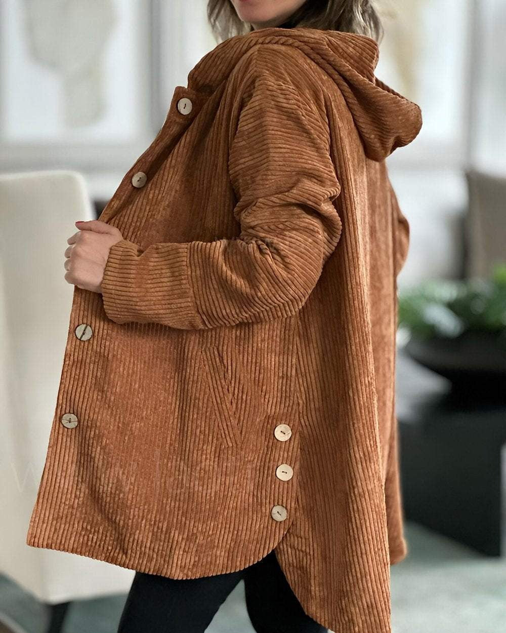 Kyla Long Hooded Coat with Button Front and Pockets - Khaki