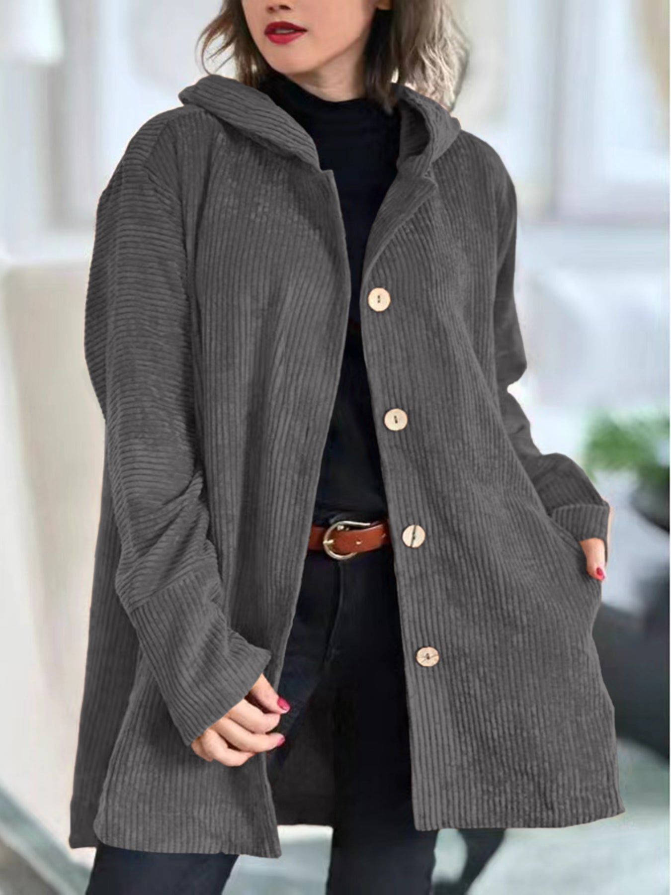Kyla Long Hooded Coat with Button Front and Pockets - Gray
