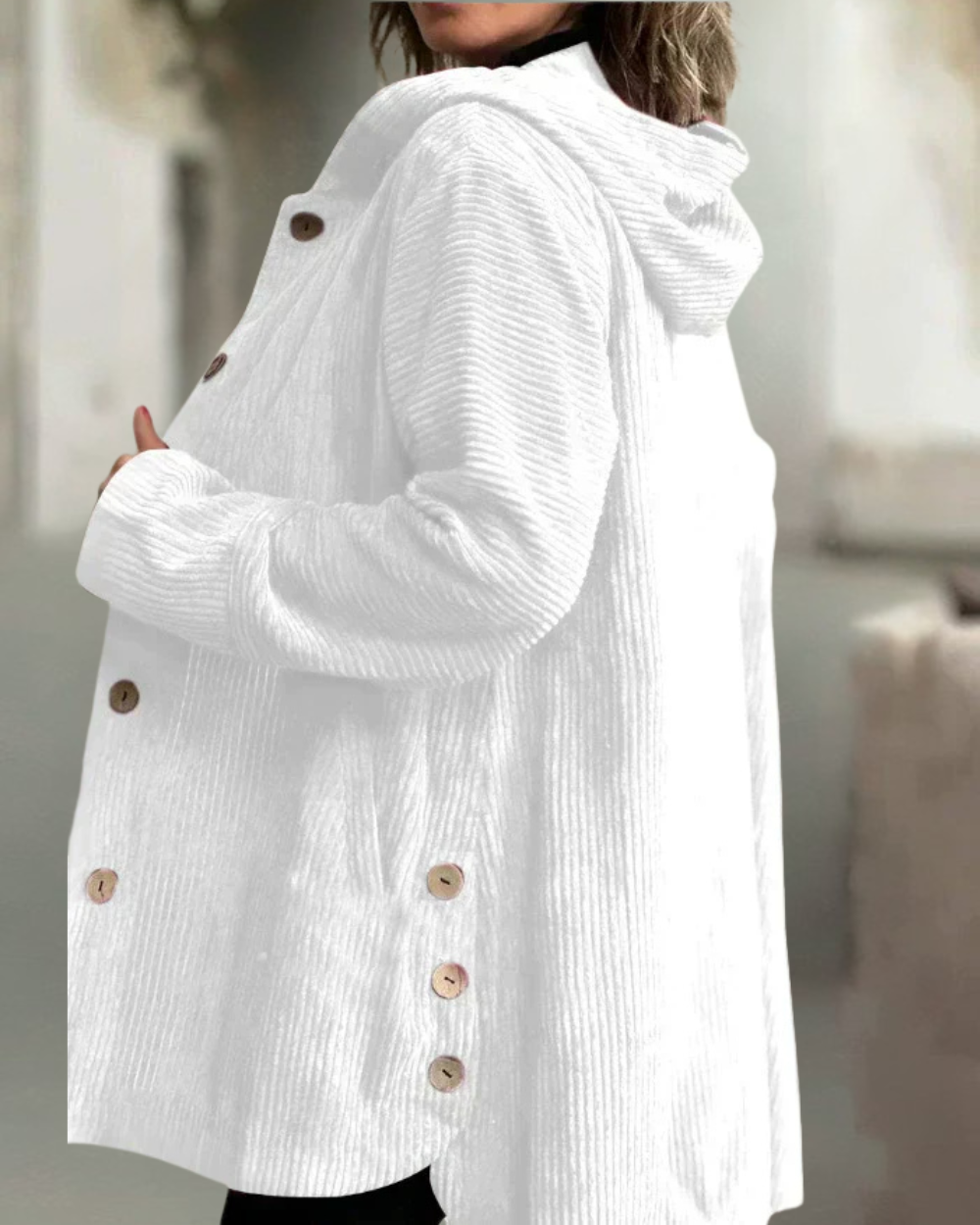 Kyla Long Hooded Coat with Button Front and Pockets - White