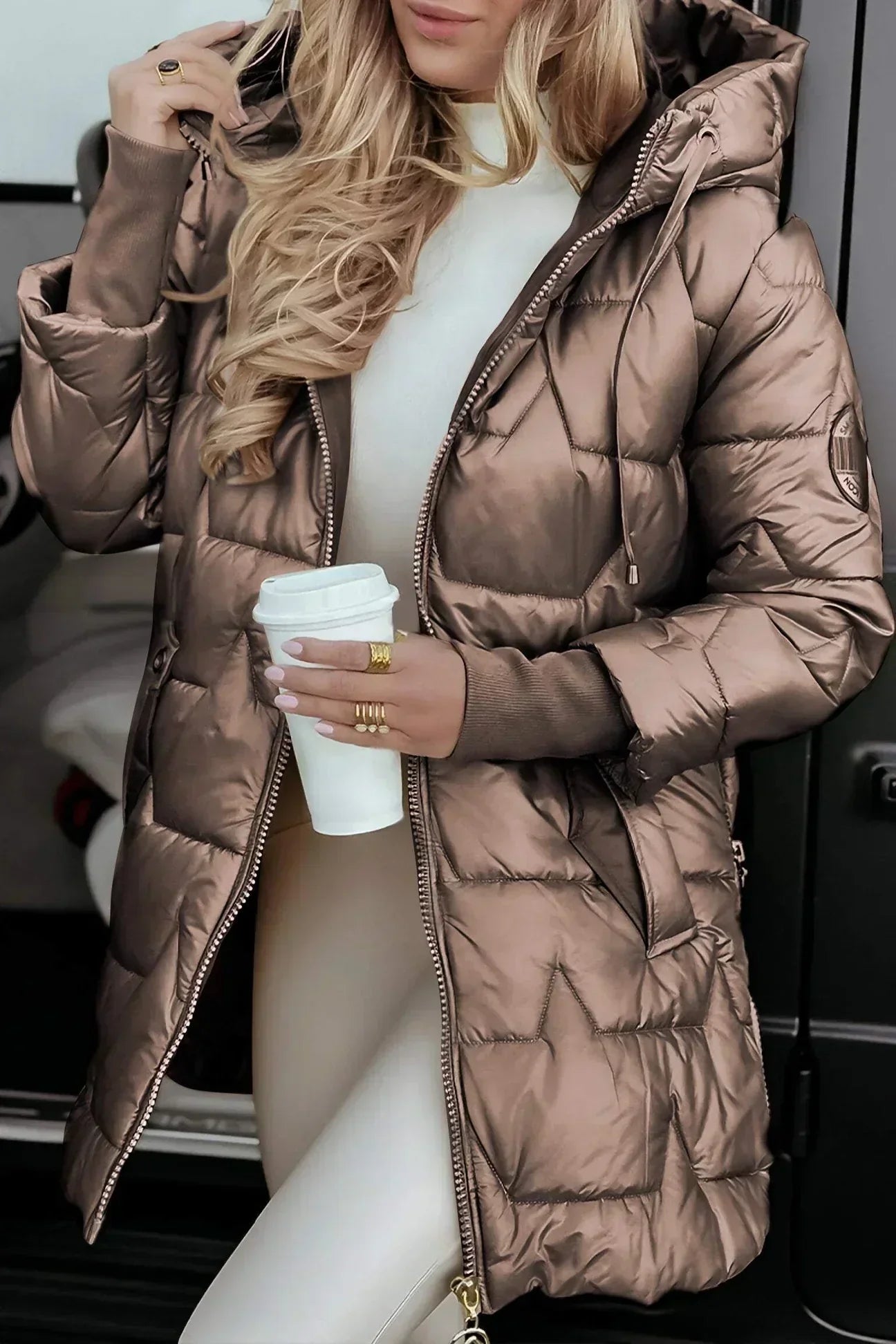 Leona Quilted Puffer Jacket with Stand Collar - Coffee Brown