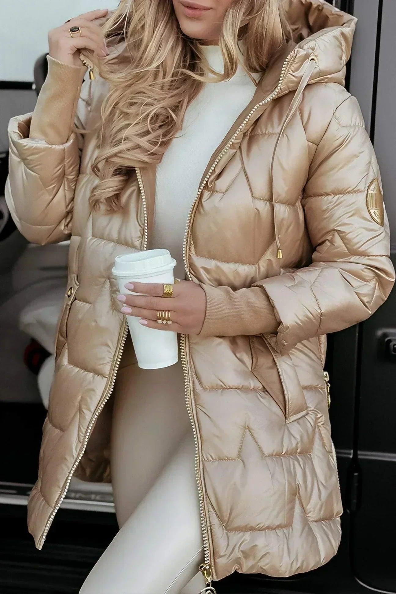 Leona Quilted Puffer Jacket with Stand Collar - Beige