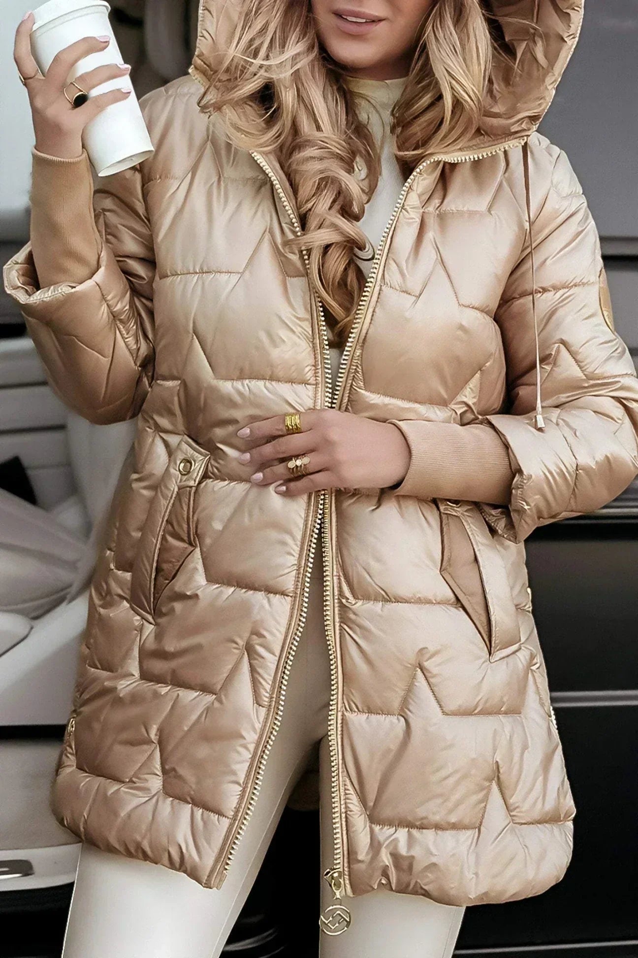 Leona Quilted Puffer Jacket with Stand Collar - Beige