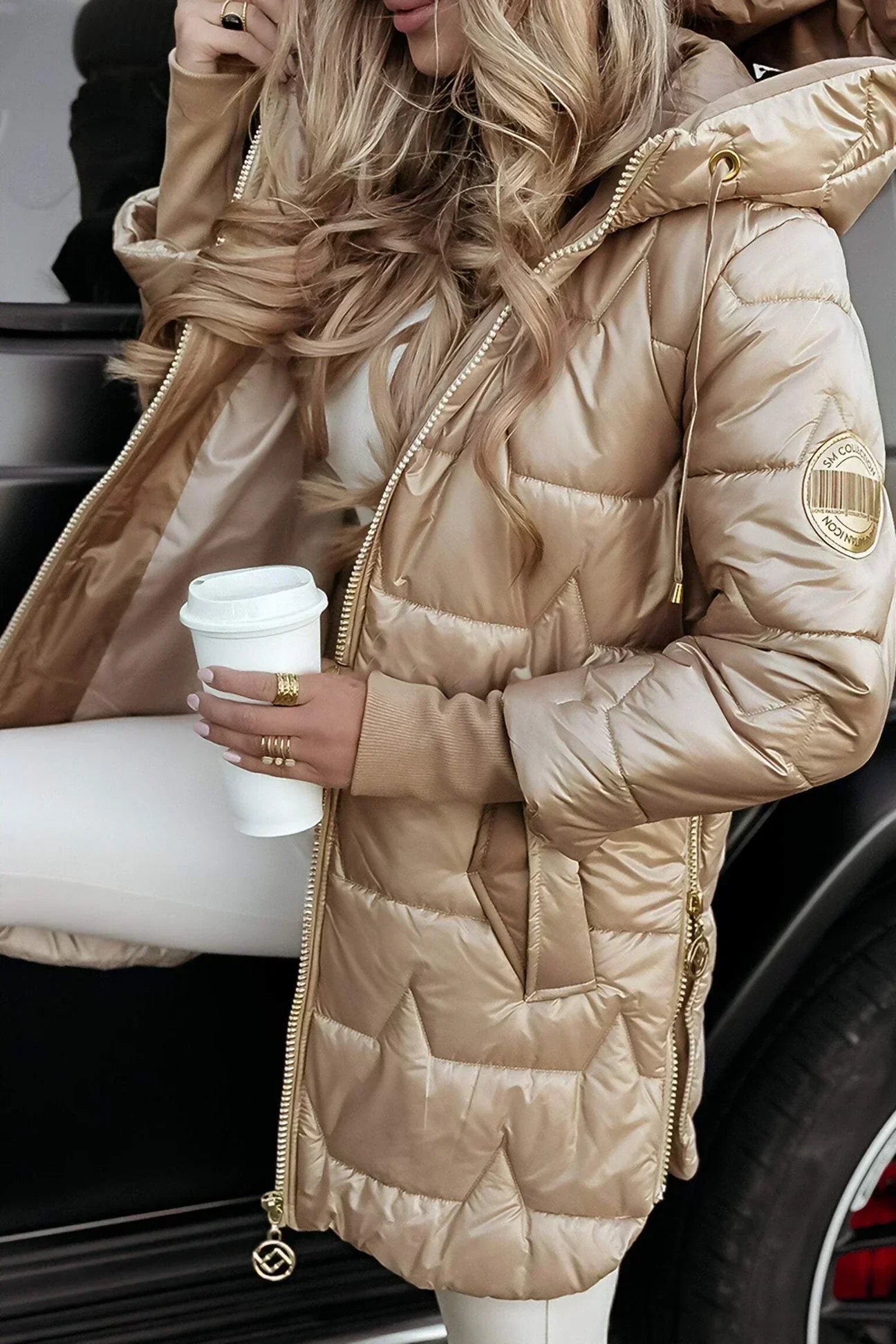 Leona Quilted Puffer Jacket with Stand Collar - Beige