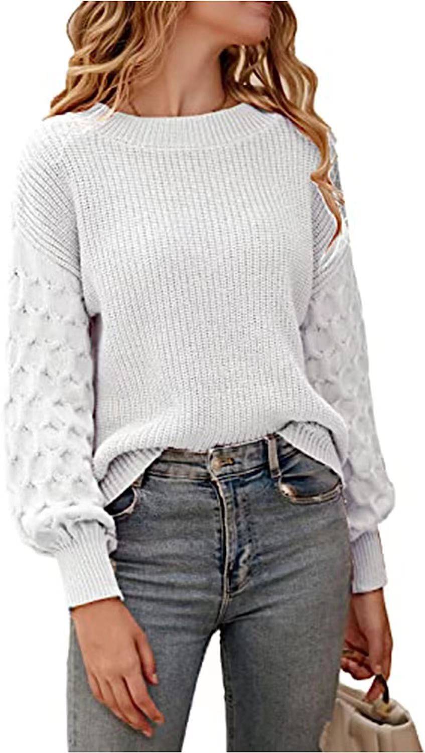 Lilie Chunky Knit Sweater with Crew Neck and Ribbed Trim - White